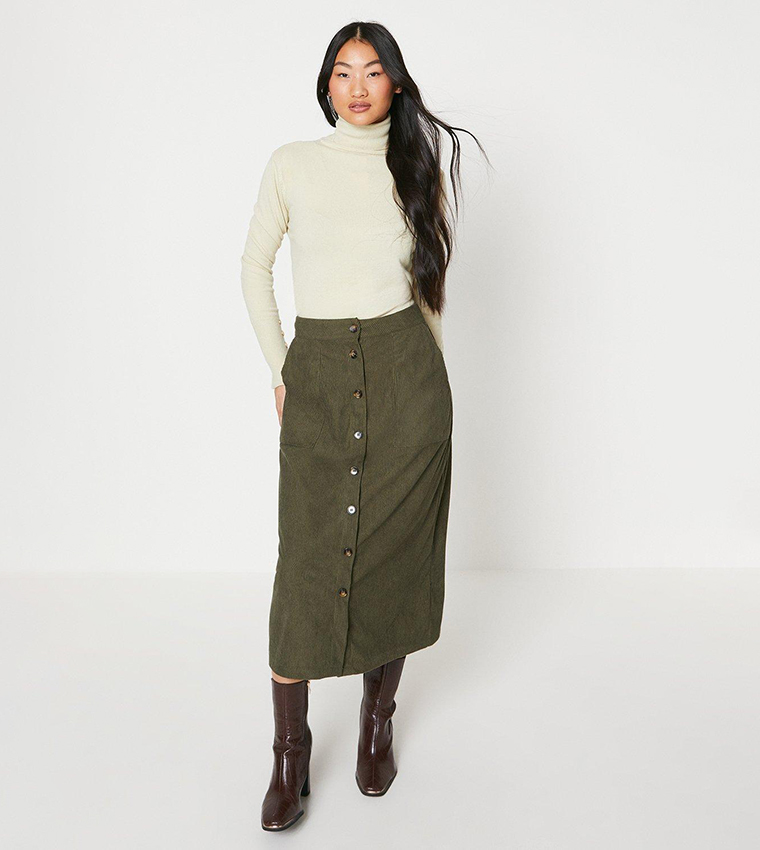 Buy Oasis Petite Cord Button Front Midi Skirt In Khaki 6thStreet Bahrain