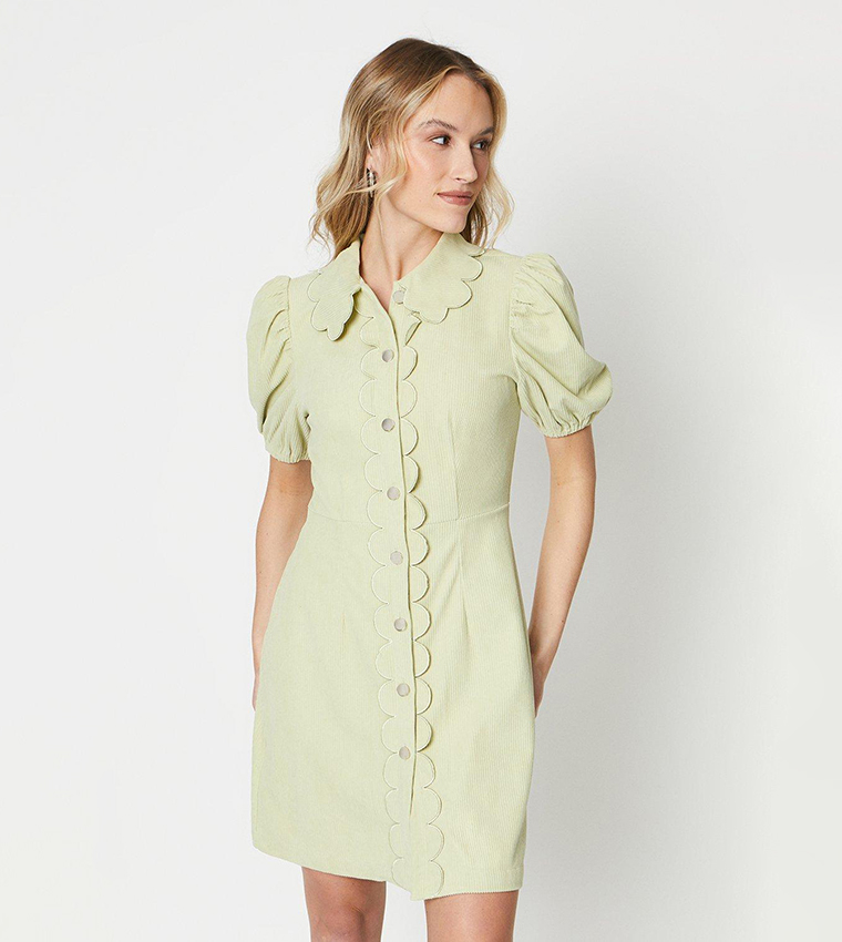 Buy Oasis Cord Scallop Detail Edge Collared Mini Dress In Green 6thStreet Qatar