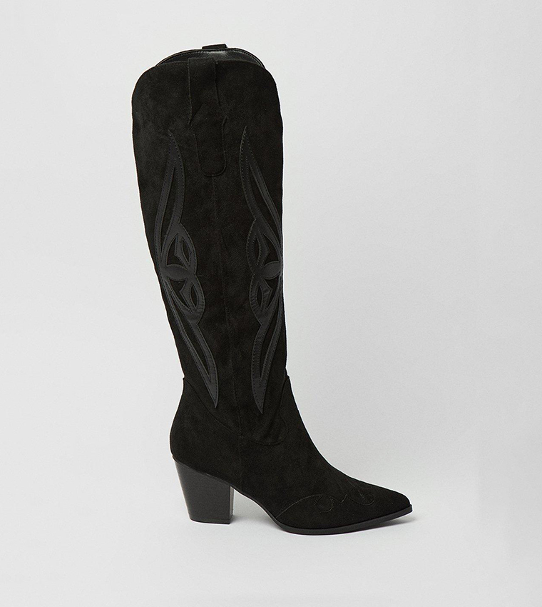 Black Suede Knee High Overlay Western Boots
