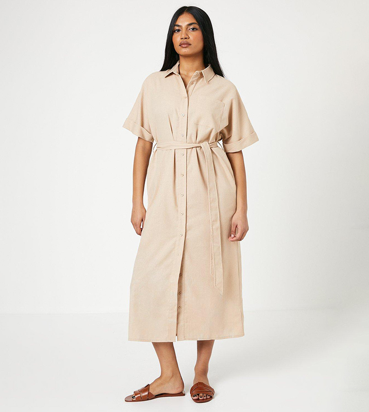 Buy Oasis Petite Linen Belted Midaxi Shirt Dress In Sand 6thStreet Saudi Arabia