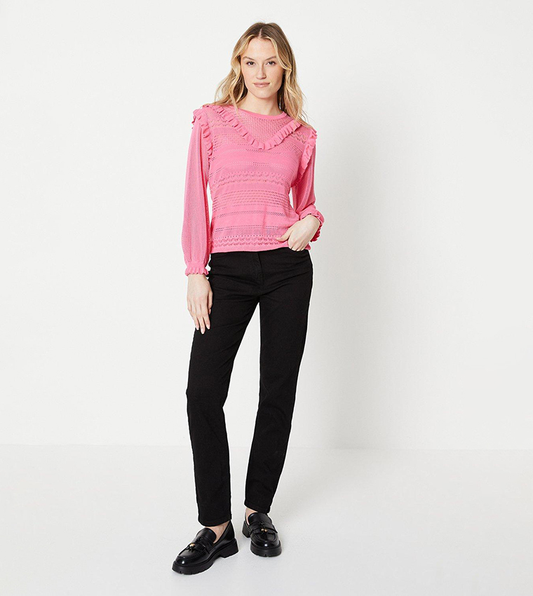 Buy Oasis Pointelle Frill Detail Lightweight Knitted Top In Pink