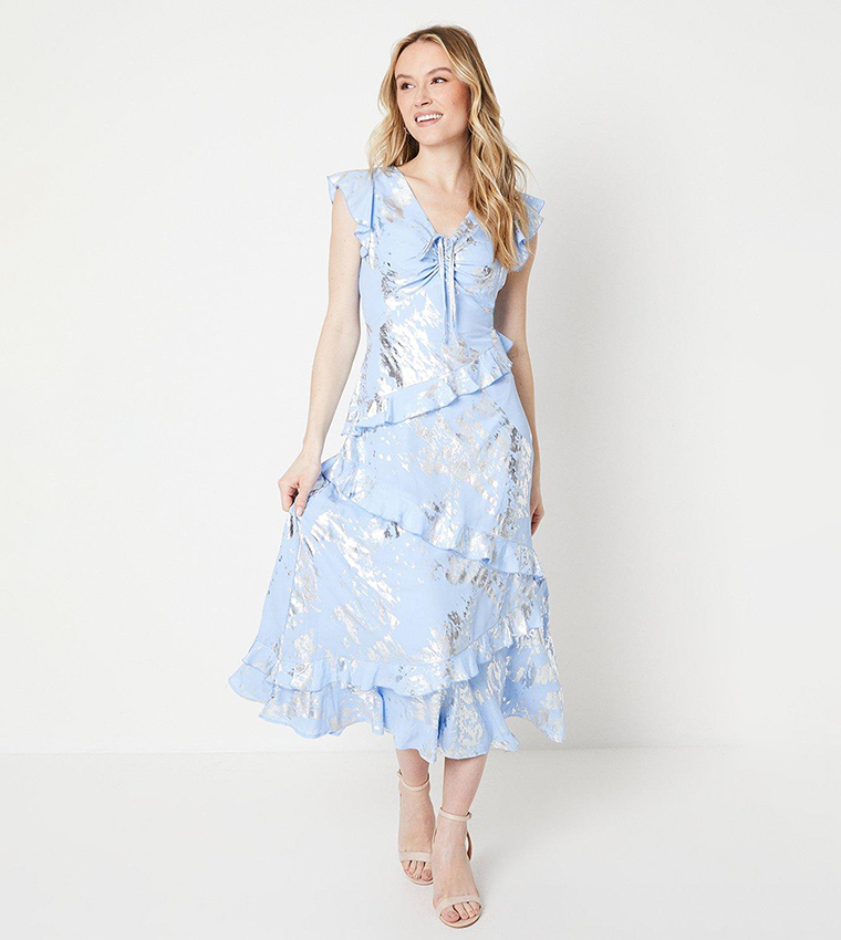 Buy Oasis Short Sleeves Metallic Ruffle Maxi Dress In Blue | 6thStreet ...