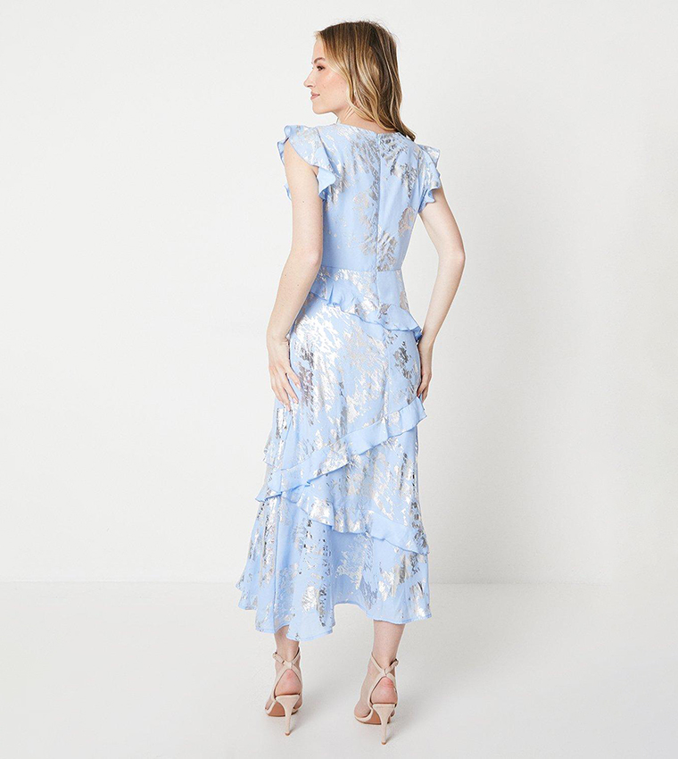 Buy Oasis Short Sleeves Metallic Ruffle Maxi Dress In Blue | 6thStreet ...