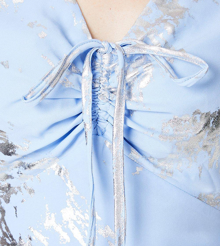 Buy Oasis Short Sleeves Metallic Ruffle Maxi Dress In Blue | 6thStreet ...