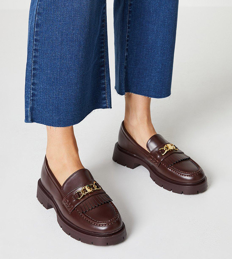 CHAIN TRIM LEATHER LOAFERS - Brown