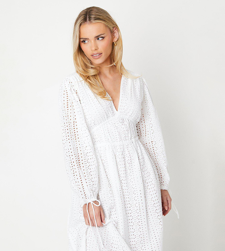 Petite Broderie Tie Front Puff Sleeves Midi Dress