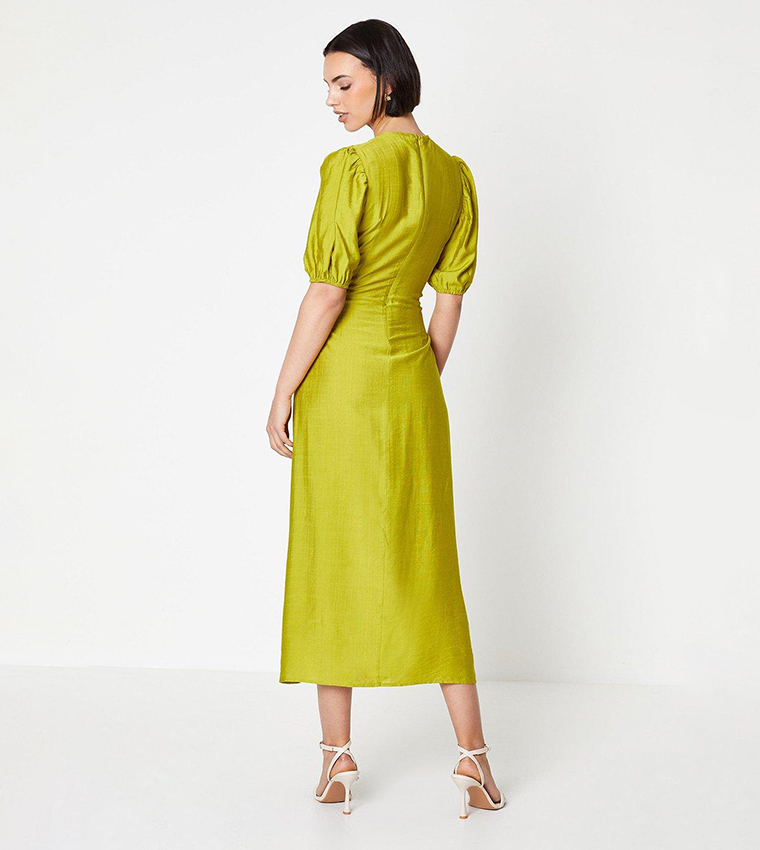 Buy Oasis Shirred Bodice Puff Sleeves Midi Dress In Green | 6thStreet UAE