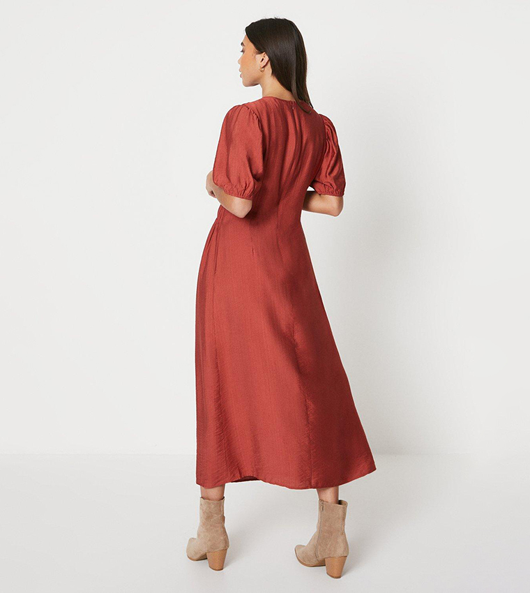 Buy Oasis Petite Shirred Bodice Puff Sleeves Midi Dress In Orange