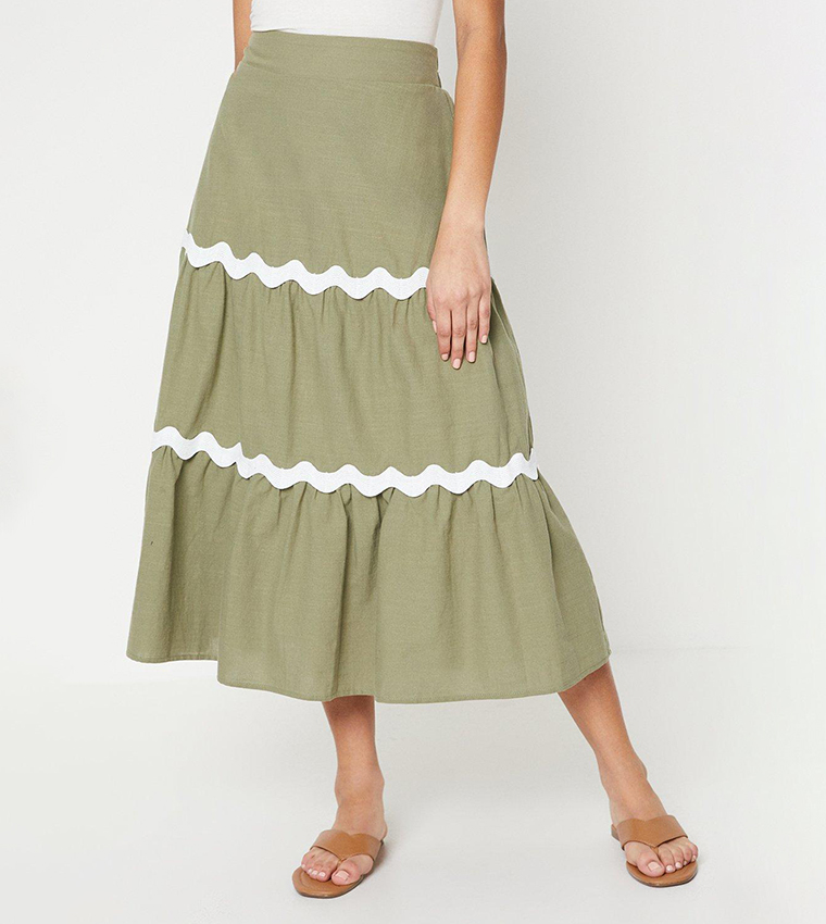 Buy Oasis Petite Plain Linen Tiered Maxi Skirt In Khaki | 6thStreet ...