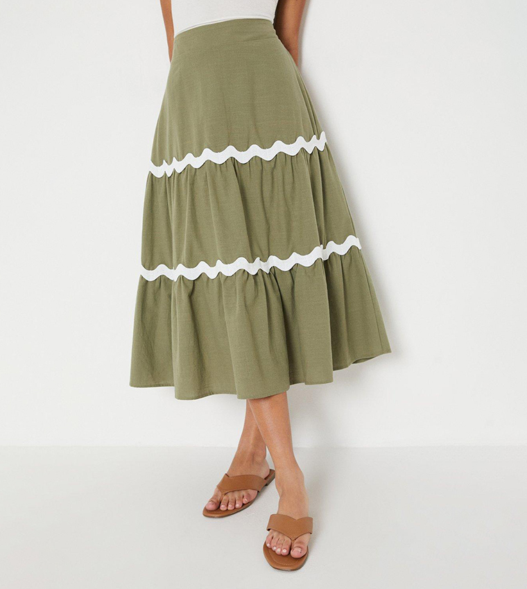 Buy Oasis Petite Plain Linen Tiered Maxi Skirt In Khaki | 6thStreet ...