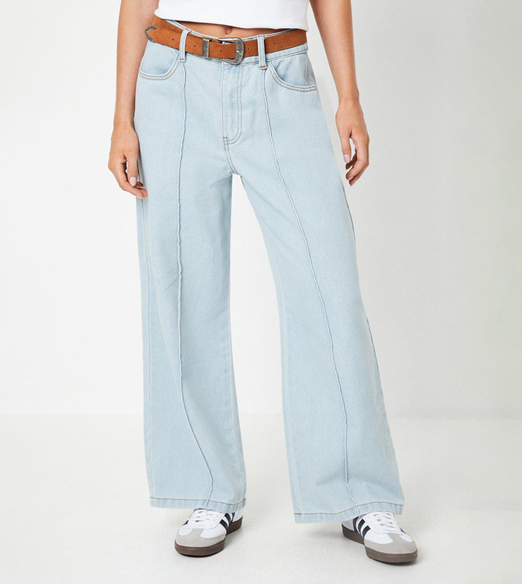 Buy Oasis Petite Seam Detail Wide Leg Jeans In Light Blue | 6thStreet Qatar