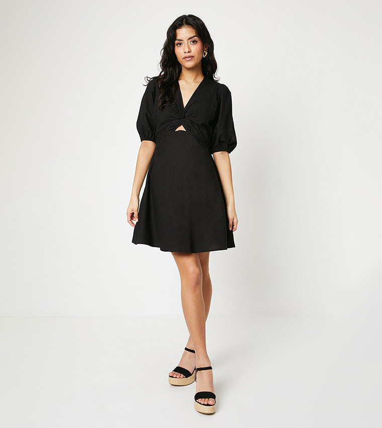 Buy Oasis Petite Knot Front Puff Sleeves Mini Dress In Black