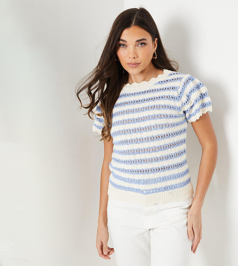 Orange Pointelle Striped Top