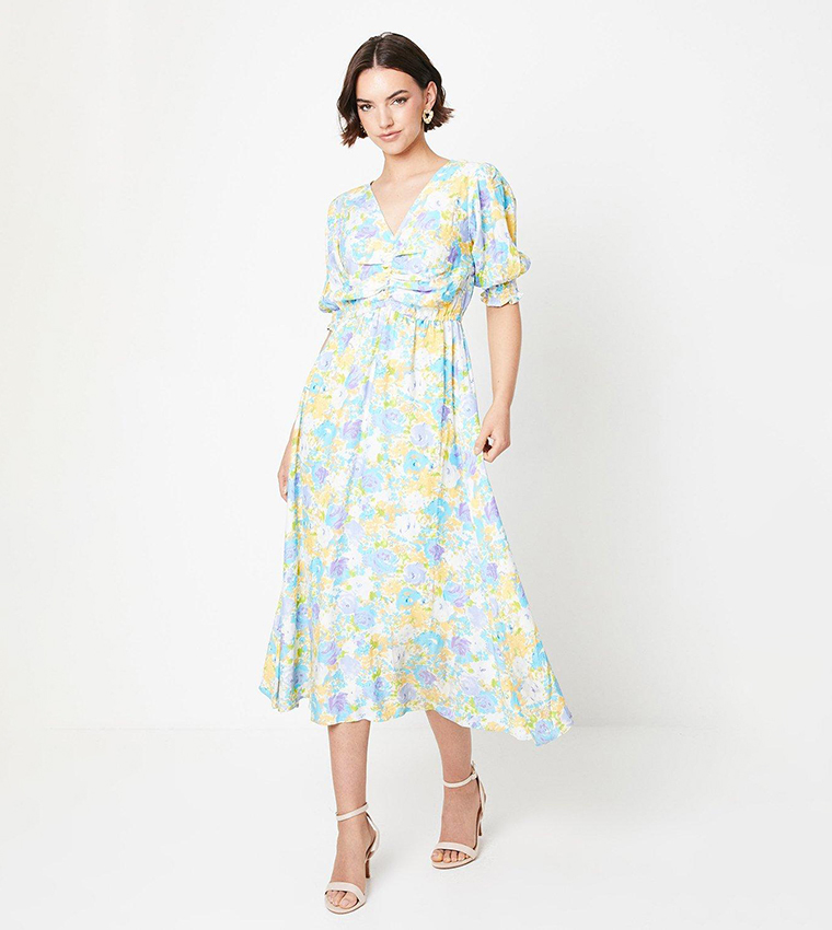 Buy Oasis Blue Floral Print Ruched Front Midi Dress In Blue | 6thStreet ...