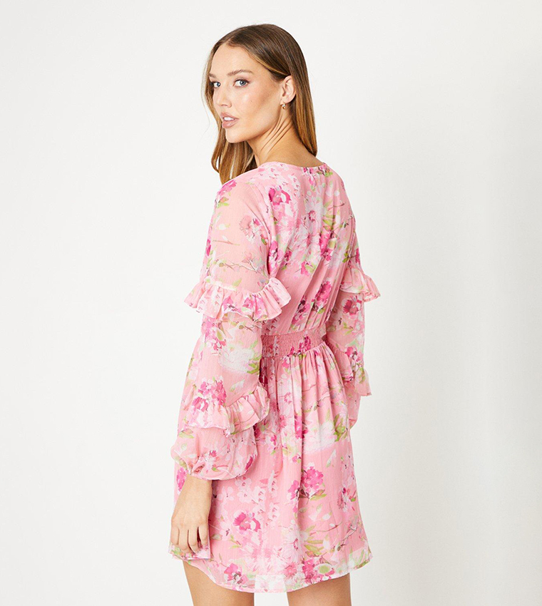 Buy Oasis Floral Printed Chiffon Frill Balloon Sleeves Mini Dress In Pink 6thStreet Saudi Arabia