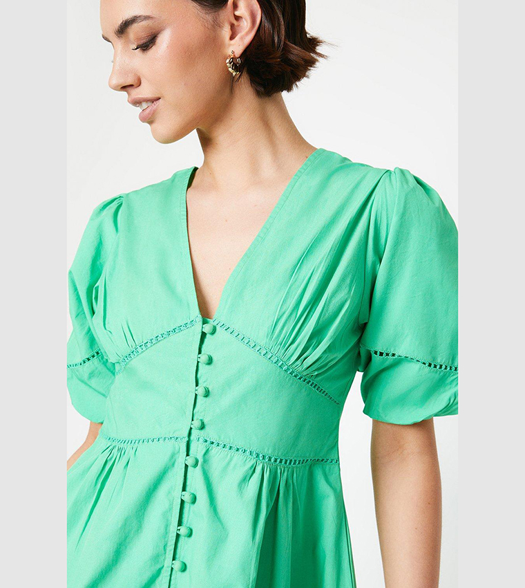 Buy Oasis Poplin Button Down Puff Sleeves Midi Dress In Green 6thStreet Qatar