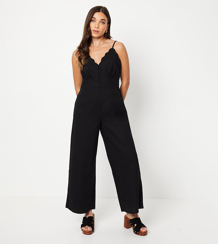 Buy Oasis Petite Linen Scallop Edge Strappy Jumpsuit In Black