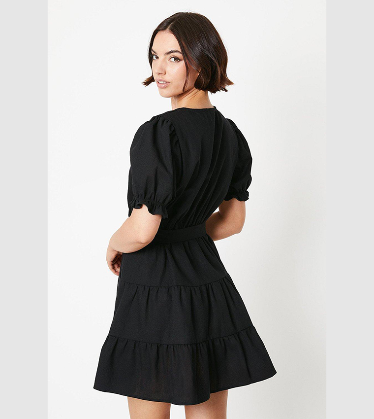 Buy Oasis Outlet Linen Tiered Wrap Mini Dress In Black | 6thStreet UAE