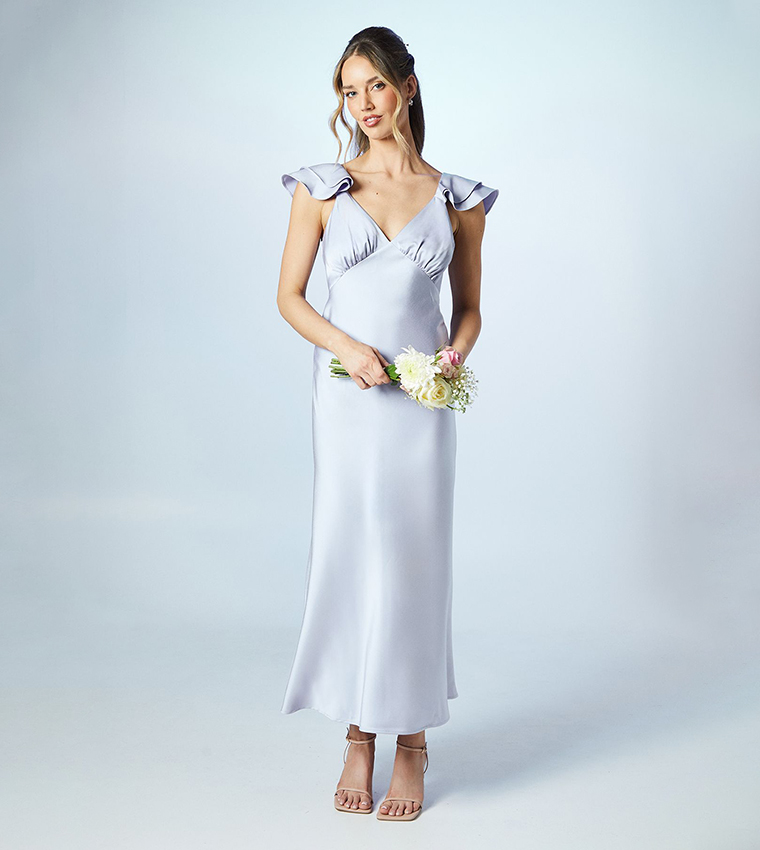 Petite Ruffle Sleeves Satin Maxi Bridesmaid Dress