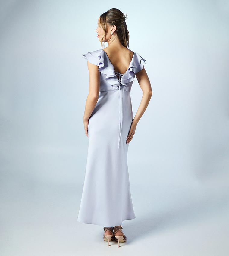 Petite Ruffle Sleeves Satin Maxi Bridesmaid Dress