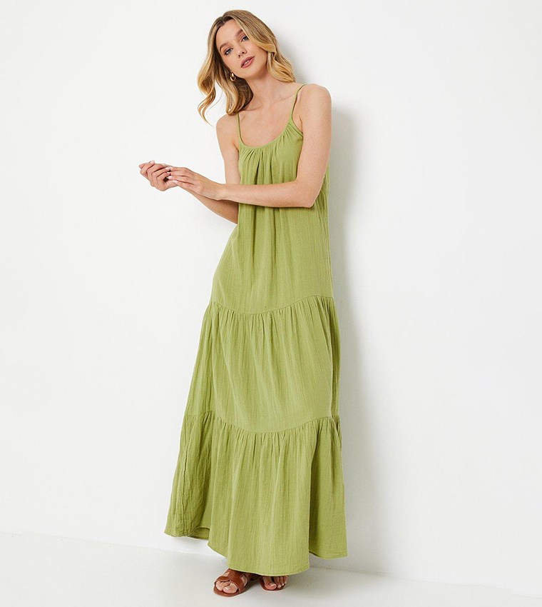 Women Green Paisley Strappy Tiered Maxi Dress