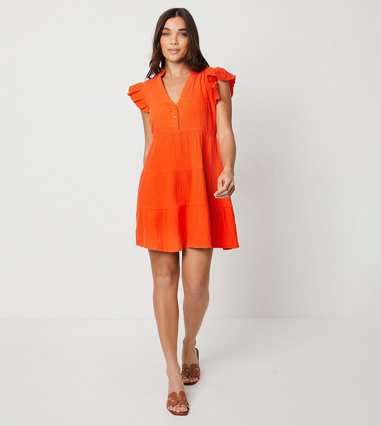 Buy Oasis Petite Textured Muslin Frill Sleeves Tiered Mini Dress In Orange 6thStreet Oman