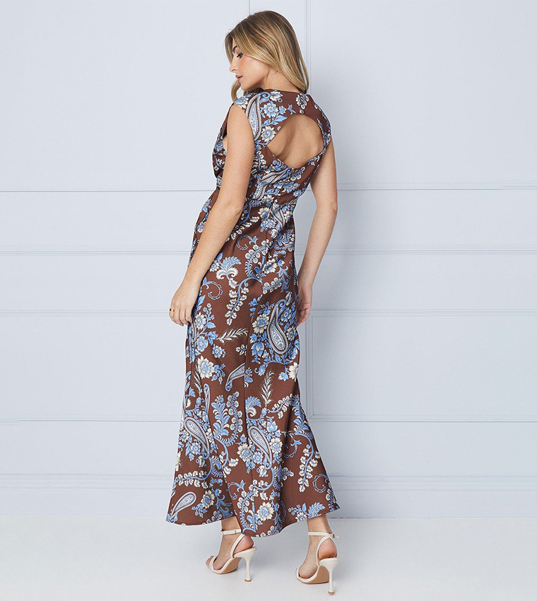 Occasion Printed Petite Satin Open Back Maxi Dress