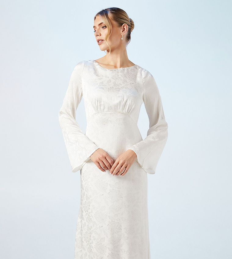 Peony Satin Jacquard Flared Sleeves Wedding Dress