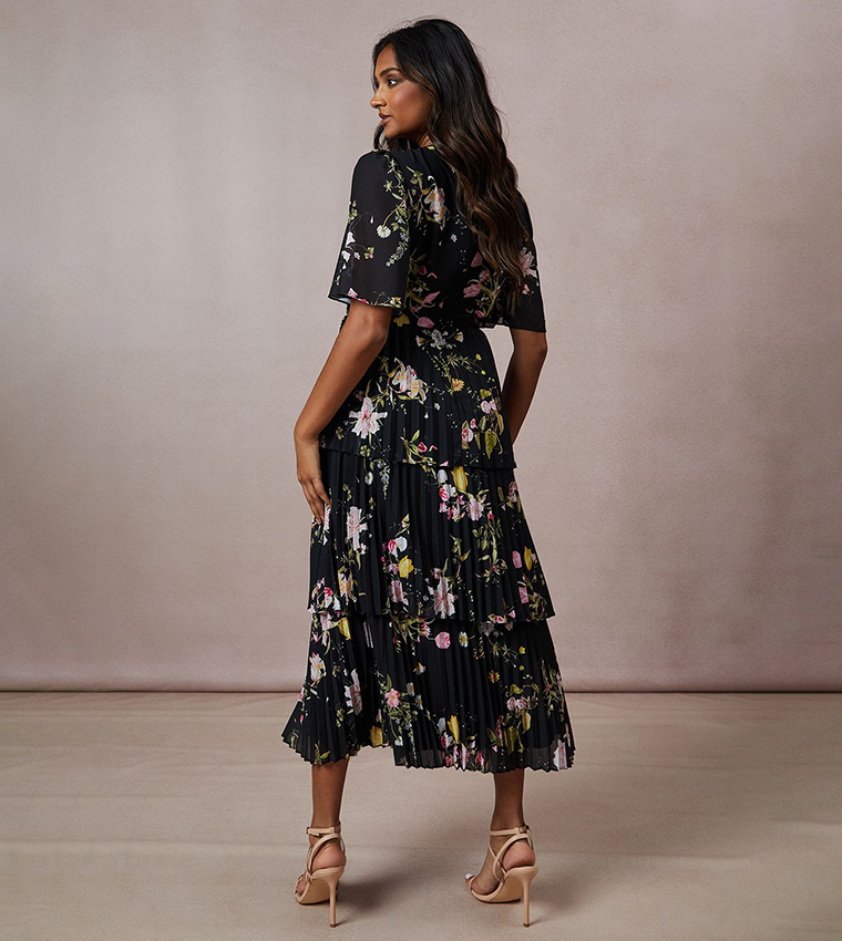 Printed Tie Front Pleated Tiered Midi Dress