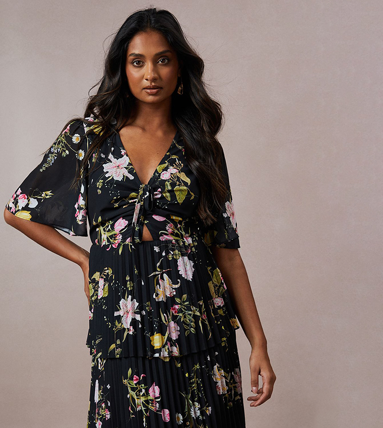 Printed Tie Front Pleated Tiered Midi Dress