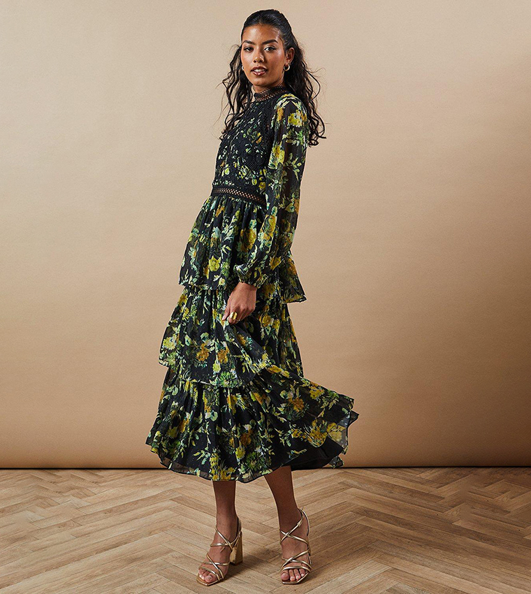 Chiffon Midi Dress Tiered Floral Lace Printed Chiffon Dress Self