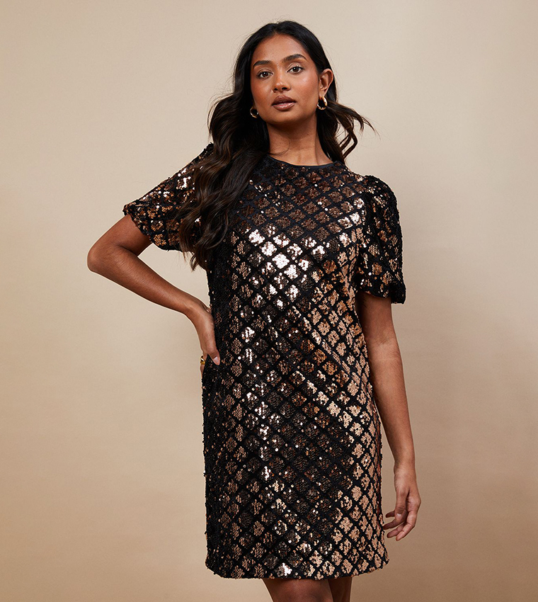 Geo Sequined Puff Sleeves Mini Dress