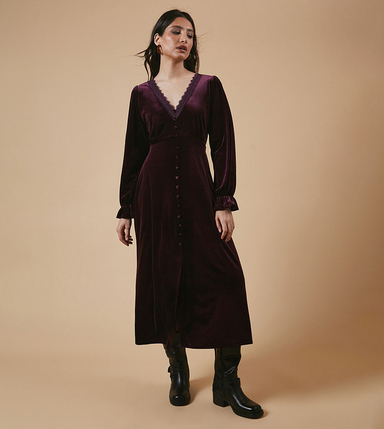 Buy Oasis Velvet Lace Trim Button Through Midi Dress In Brown | 6thStreet  UAE