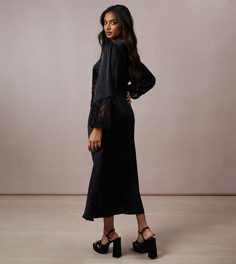 Buy Oasis Lace Detail Long Sleeves Satin Midi Dress In Black | 6thStreet  Bahrain