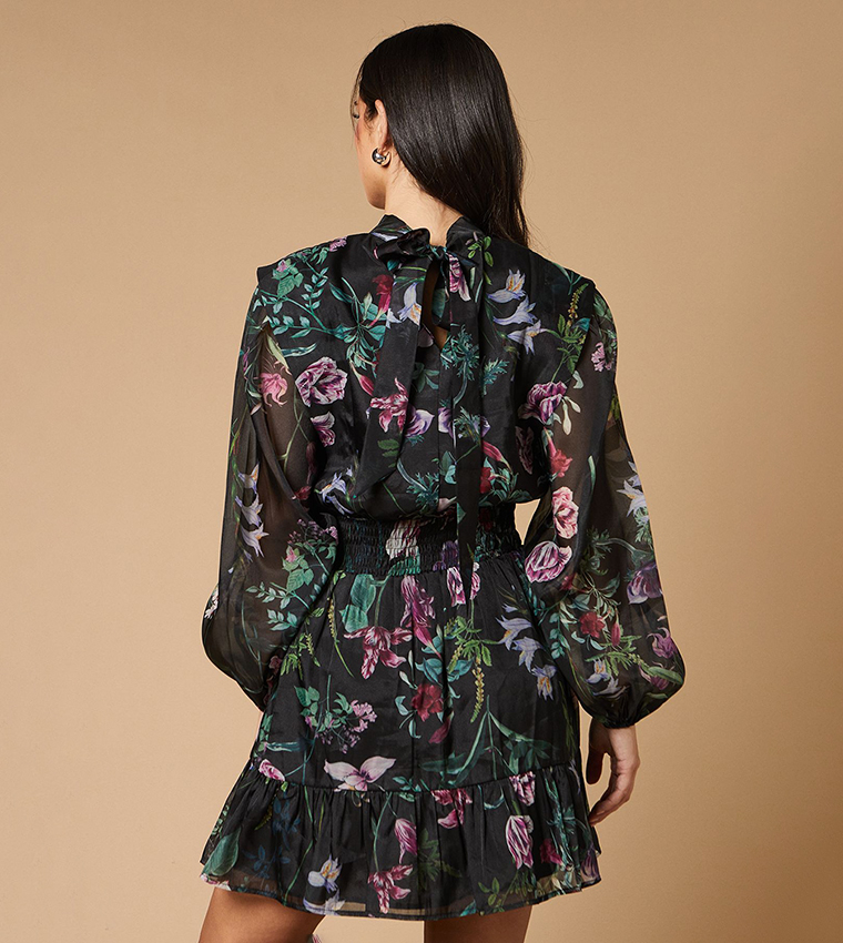 Border Print Organza Shirred Waist Tie Back Mini Dress