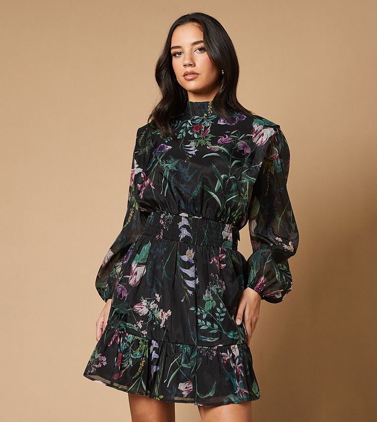 Border Print Organza Shirred Waist Tie Back Mini Dress