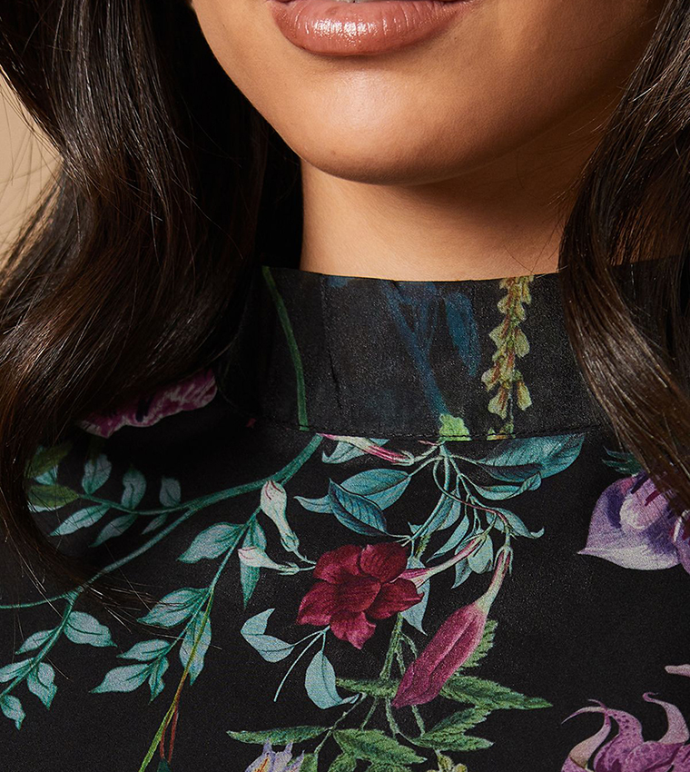 Border Print Organza Shirred Waist Tie Back Mini Dress