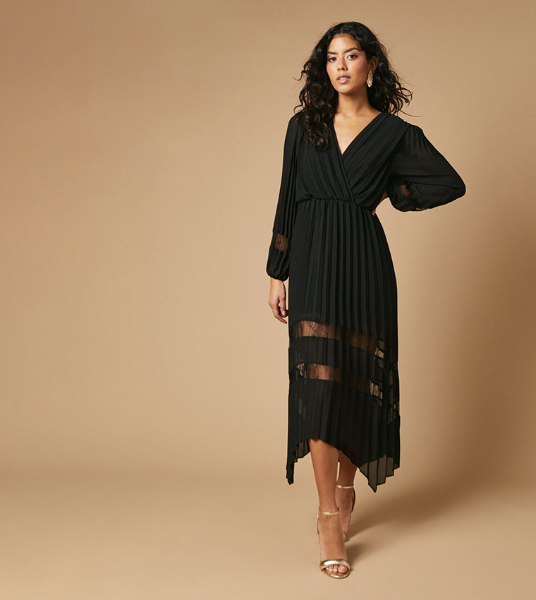 Buy Oasis Petite Pleated Lace Trim Insert Wrap Midi Dress In Black 6thStreet Qatar