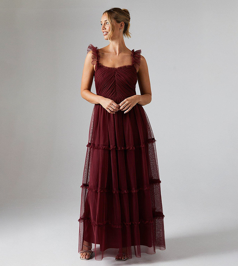 Flutter Sleeves Tiered Mesh Bridesmaids Maxi Dress
