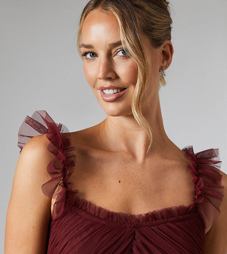Flutter Sleeves Tiered Mesh Bridesmaids Maxi Dress