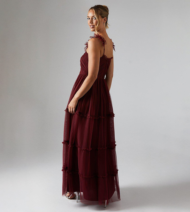 Flutter Sleeves Tiered Mesh Bridesmaids Maxi Dress