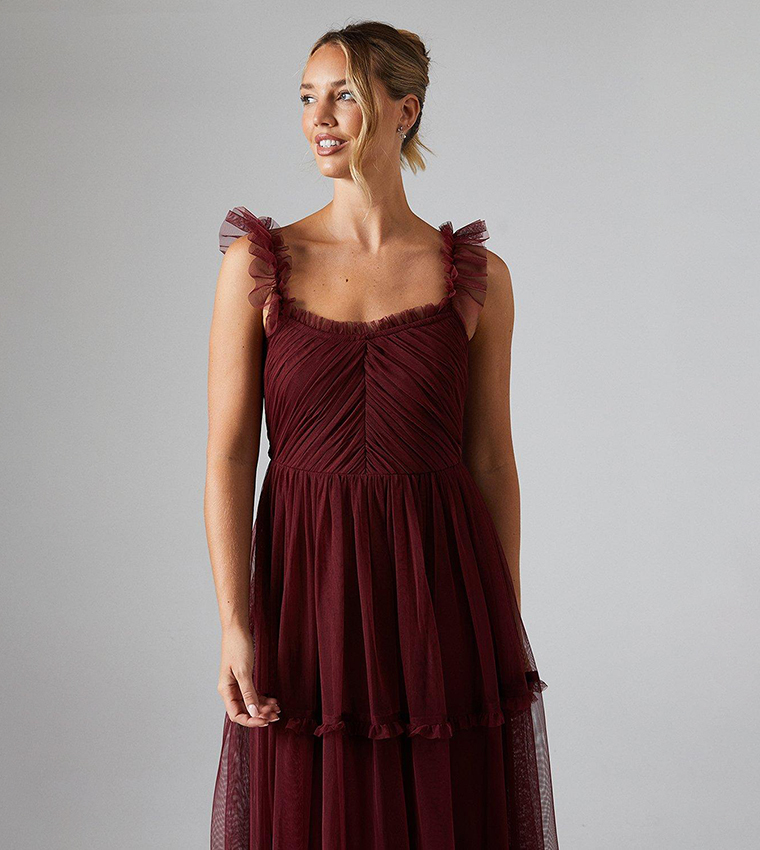Flutter Sleeves Tiered Mesh Bridesmaids Maxi Dress