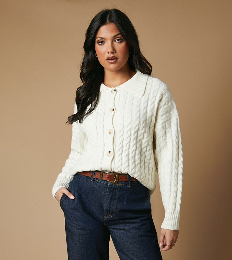 Buy Oasis Cable Knit Collared Cardigan In White 6thStreet Oman