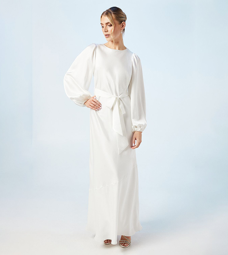 Open Back Long Sleeves Satin Wedding Dress