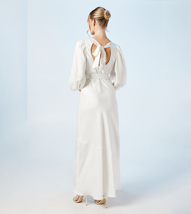 Open Back Long Sleeves Satin Wedding Dress