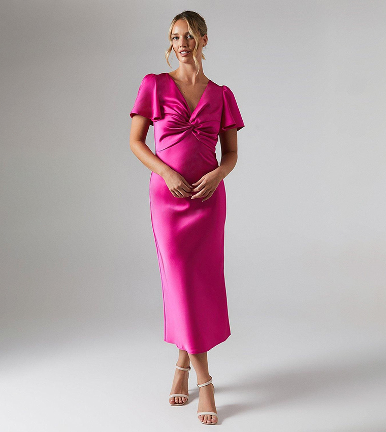 Satin Twist Front Flutter Sleeves Midi Bridesmaids Dress