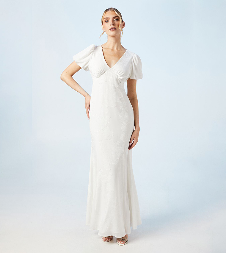 V-Neck Puff Sleeves Satin Jacquard Wedding Dress