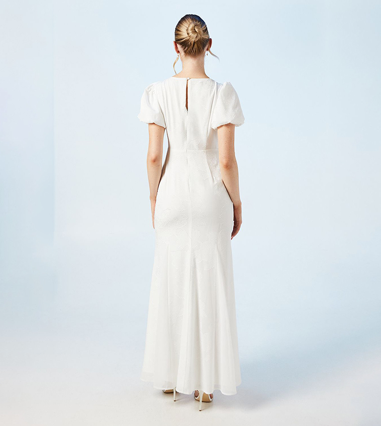 V-Neck Puff Sleeves Satin Jacquard Wedding Dress