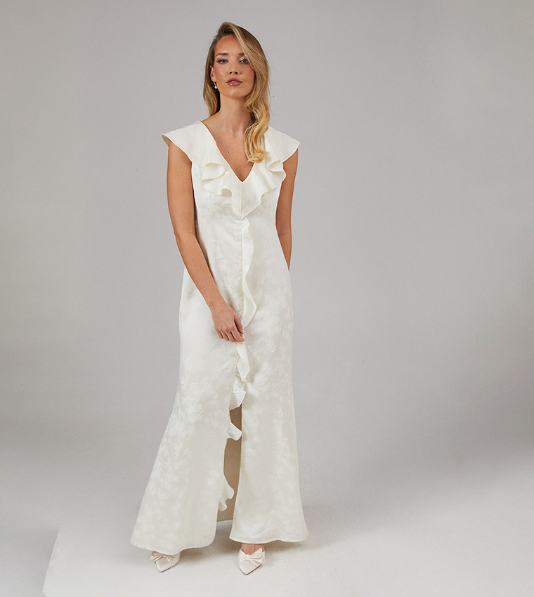 Satin Jacquard Ruffle Detail V-Neck Bridesmaids Dress