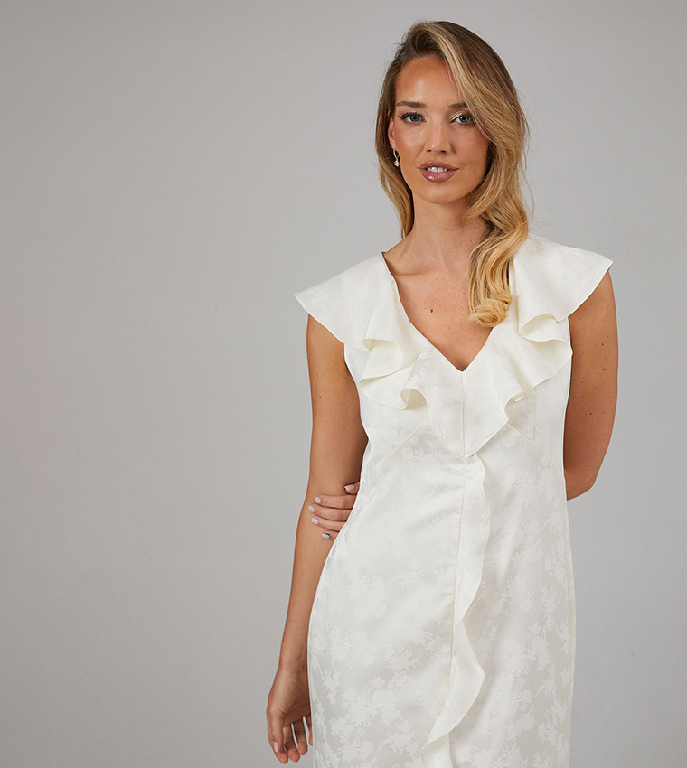 Satin Jacquard Ruffle Detail V-Neck Bridesmaids Dress